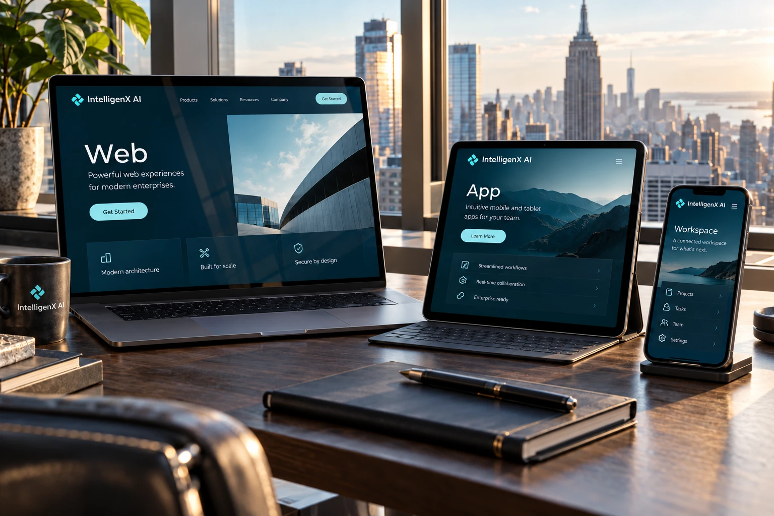 AI-generated illustrative web experiences concept for IntelligenX AI Web Launch.
