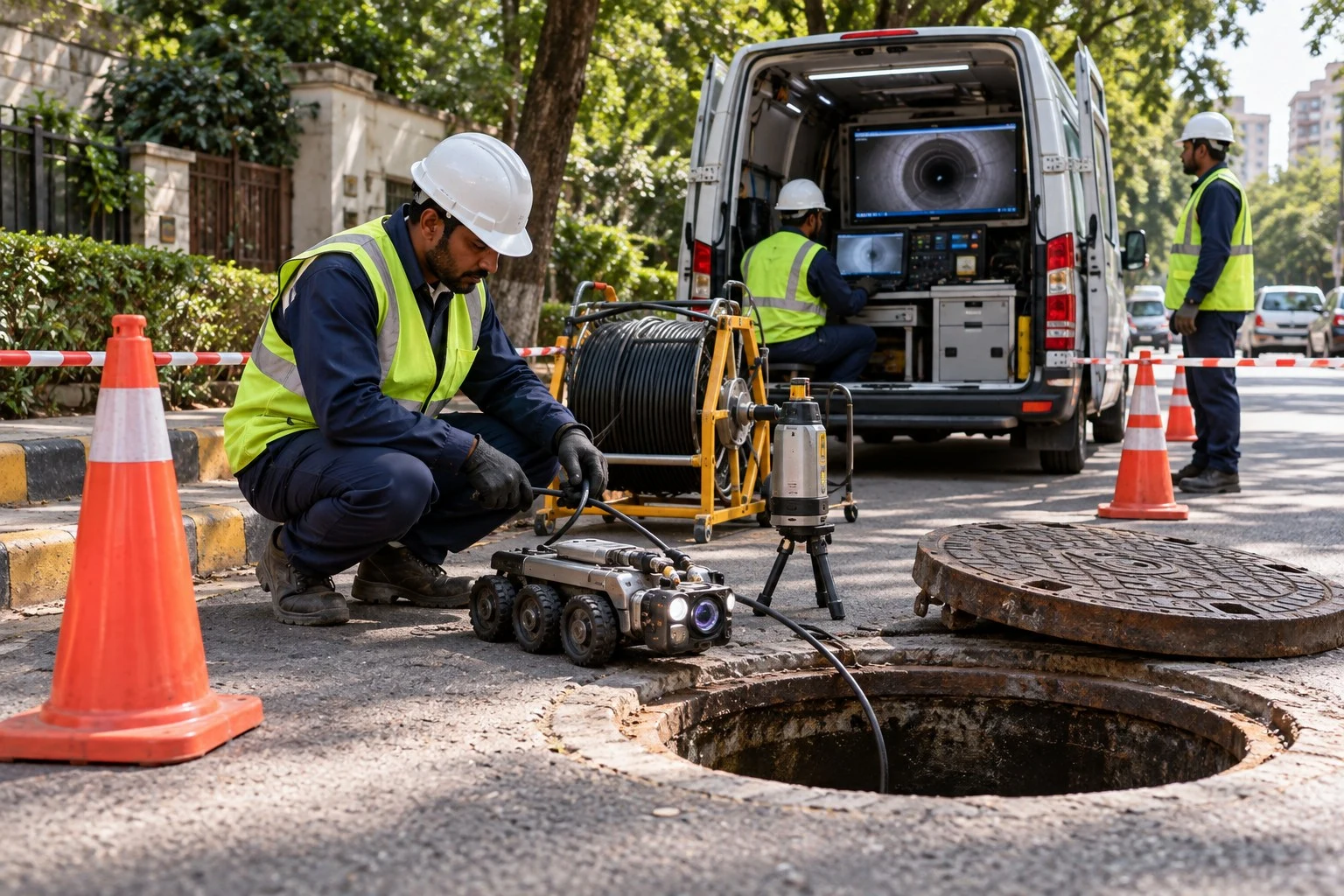 AI conceptual illustration of Sewer Desilting and Inline CCTV with Laser Profiling in Vasant Kunj, New Delhi