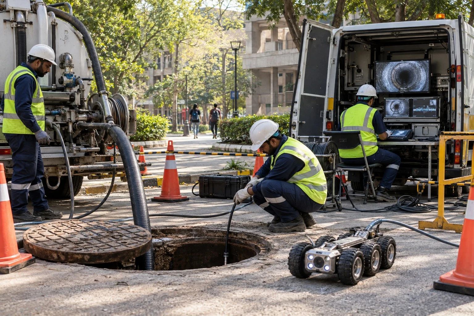 AI conceptual illustration of Sewer Desilting and Inline CCTV with Laser Profiling in IIT-Munirka, New Delhi