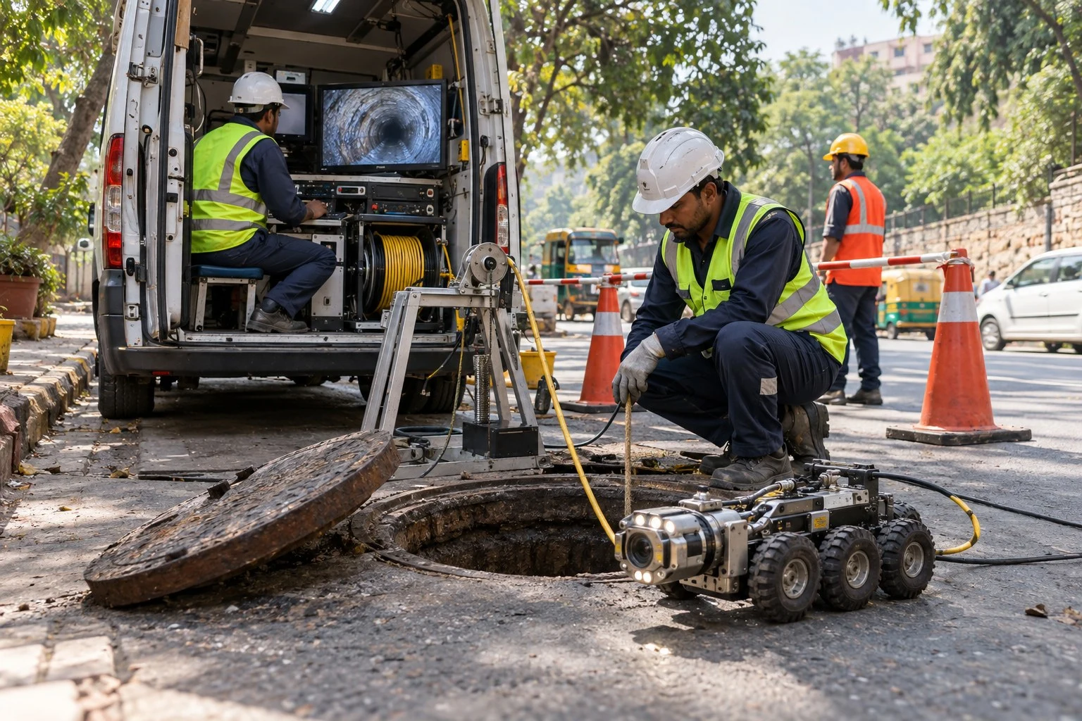 AI conceptual illustration of Sewer Desilting and Inline CCTV with Laser Profiling in Munirka, New Delhi