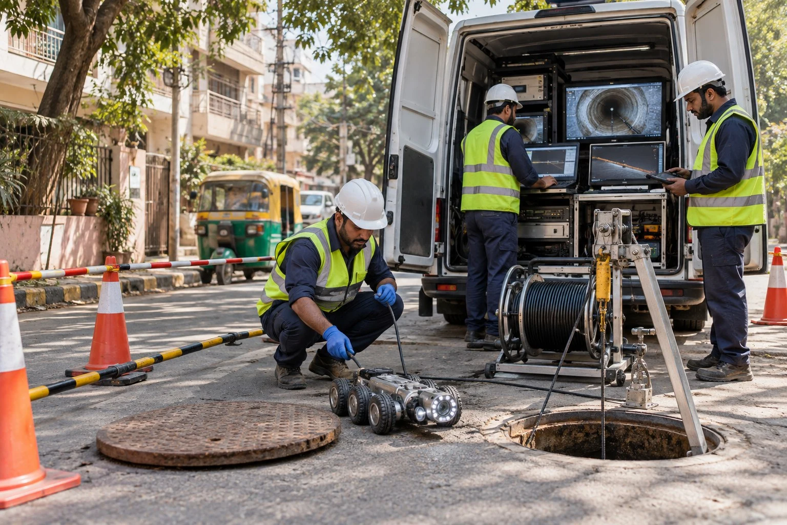 AI conceptual illustration of Sewer Desilting and Inline CCTV with Laser Profiling in Masoodpur, New Delhi