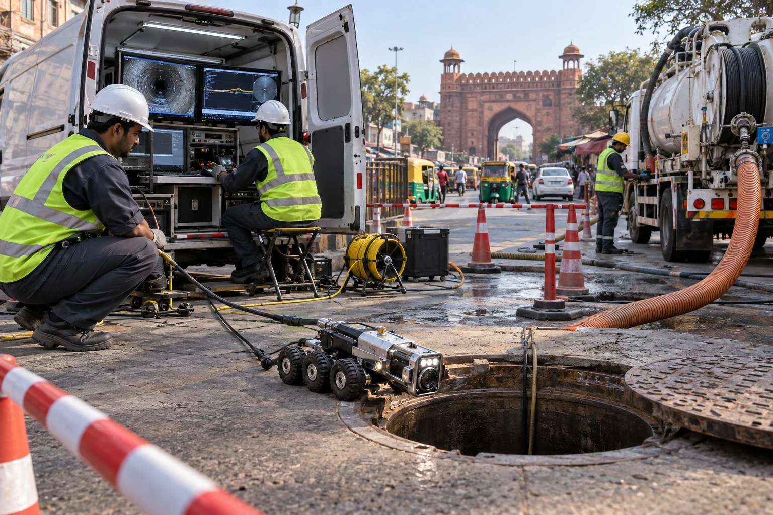 AI conceptual illustration of Sewer Desilting and Inline CCTV with Laser Profiling in Ajmeri Gate, New Delhi