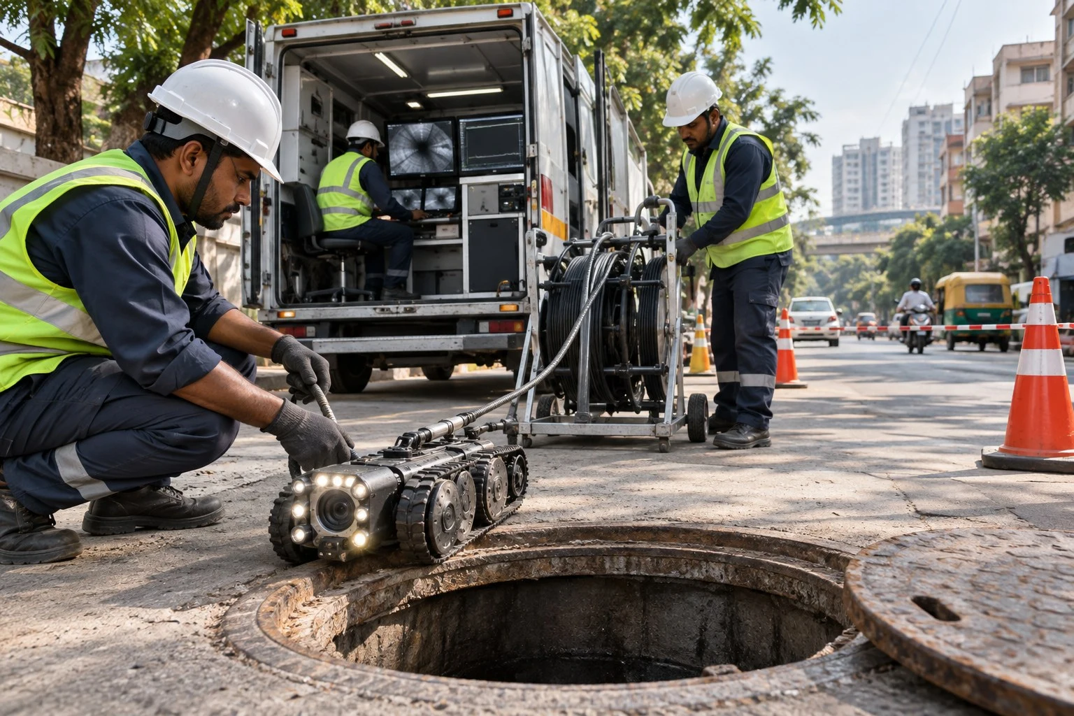 AI conceptual illustration of Sewer Desilting and Inline CCTV with Laser Profiling in Balol Nagar, Ahmedabad
