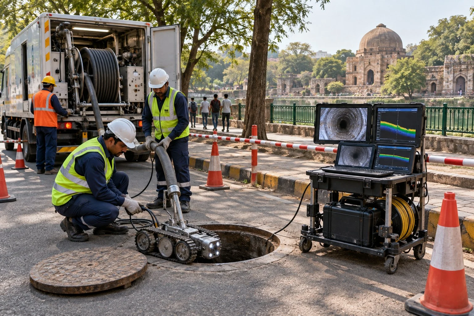 AI conceptual illustration of Sewer Desilting and Inline CCTV with Laser Profiling in Hauz Khas, New Delhi