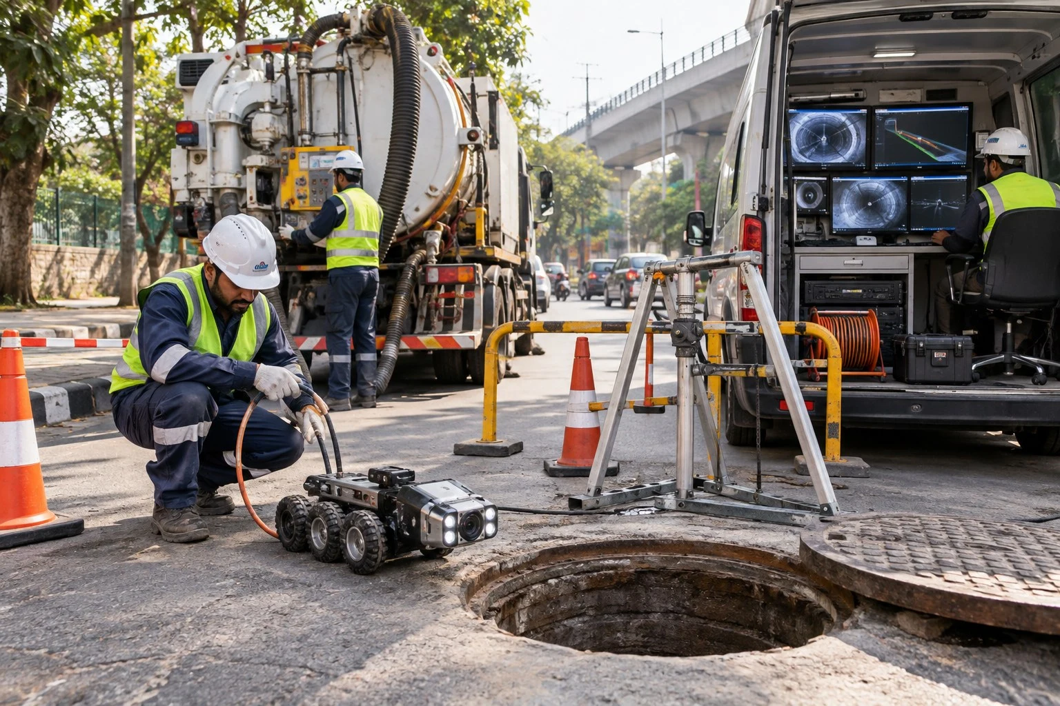 AI conceptual illustration of Sewer Desilting and Inline CCTV with Laser Profiling in Adhchini, New Delhi