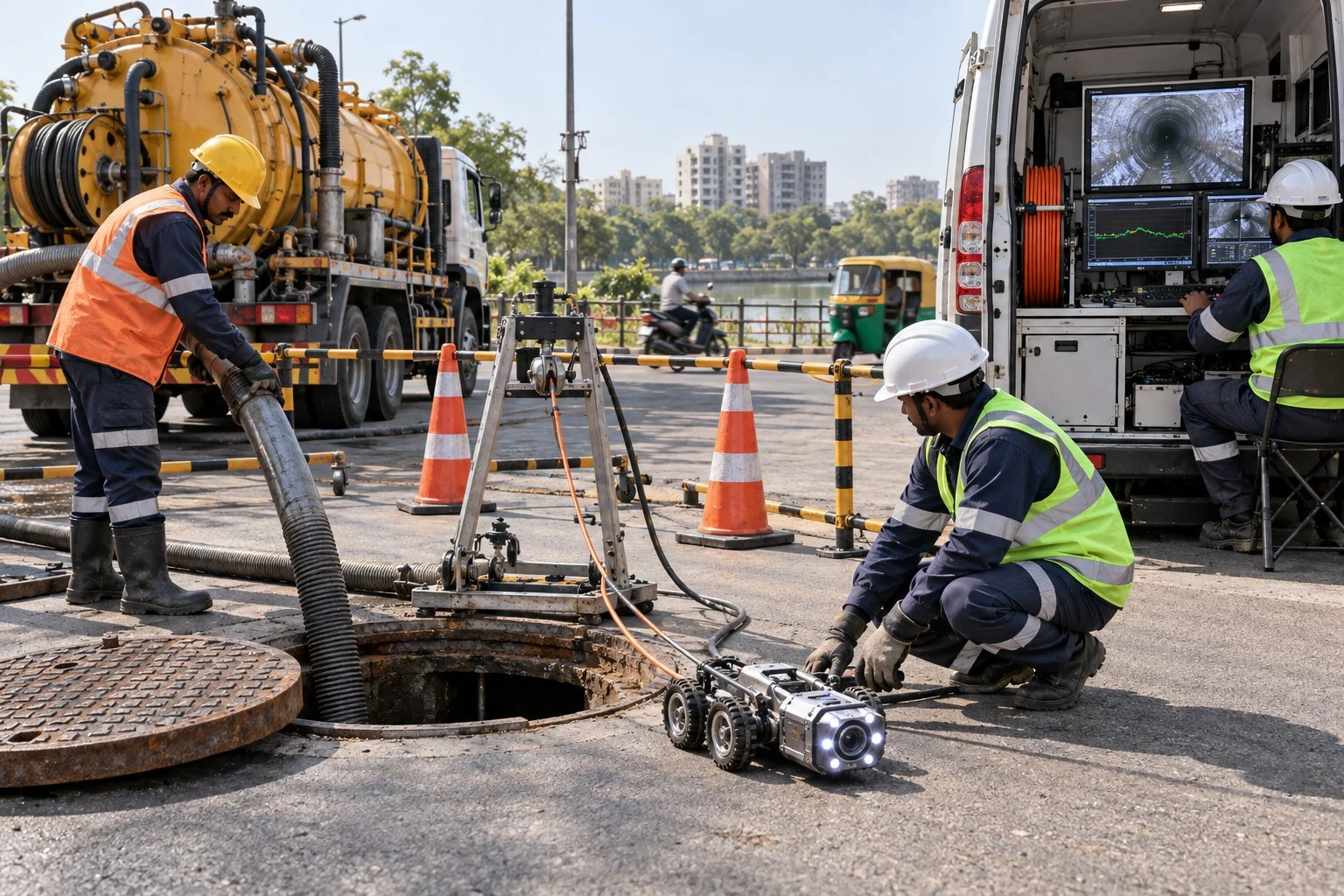 AI conceptual illustration of Sewer Desilting and Inline CCTV with Laser Profiling in Vasna, Ahmedabad