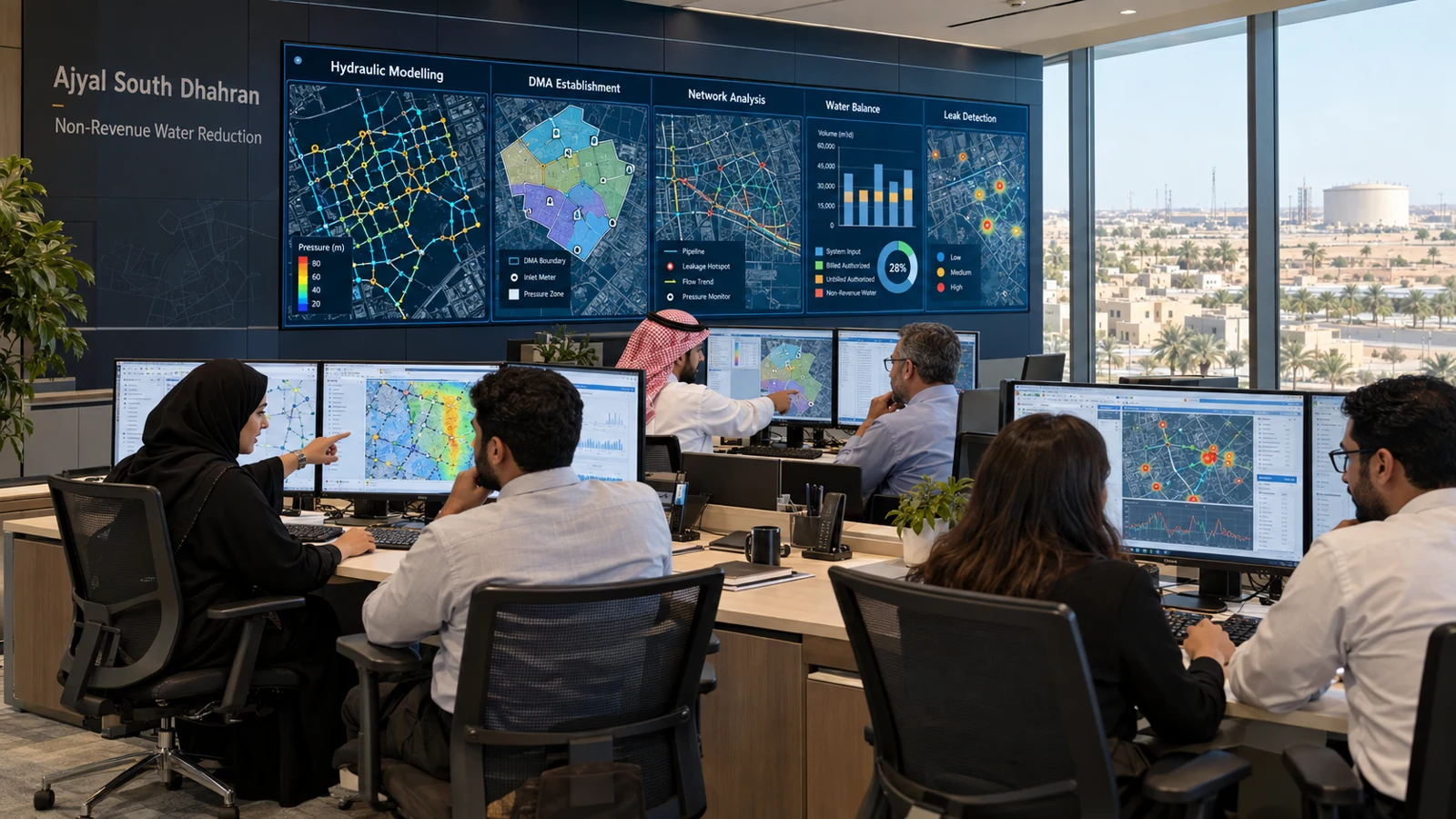 AI conceptual illustration of Non Revenue Water Reduction Design and Strategy in Ajyal South Dhahran