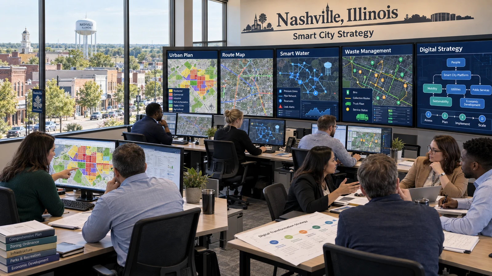 AI conceptual illustration of Smart Cities Strategy & Digital Transformation in Nashville, Illinois