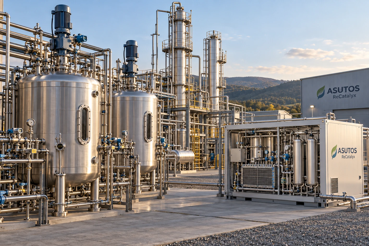 AI-generated illustrative renewable fuels and ethanol concept; not an engineered layout or a deployed ASUTOS facility.