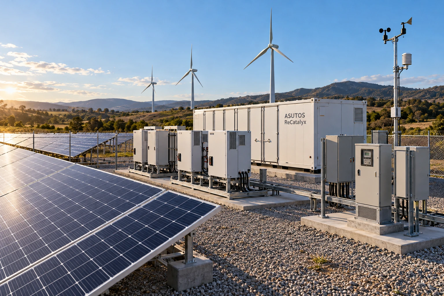 AI-generated illustrative renewable power and storage concept; not an engineered layout or a deployed ASUTOS facility.